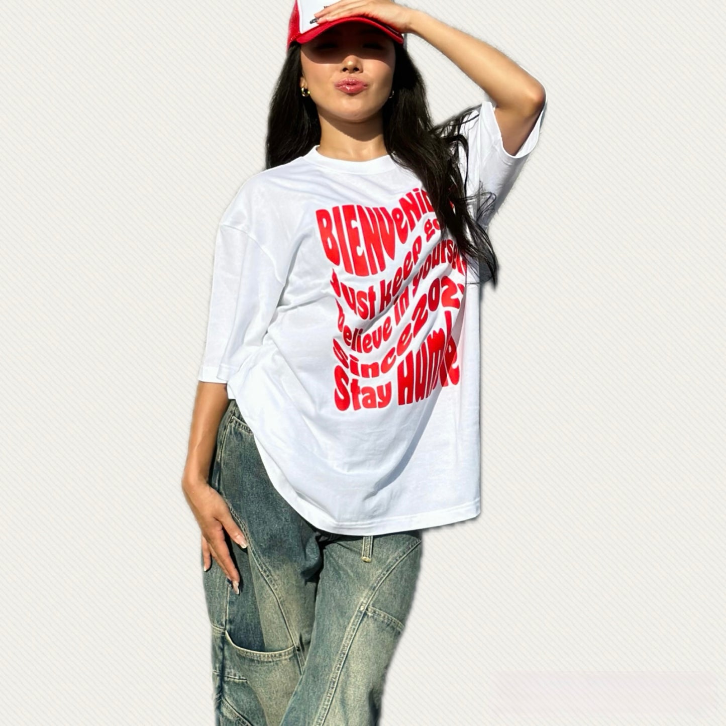 BVビックシルエット半袖Tシャツ ホワイト X レッド OLA